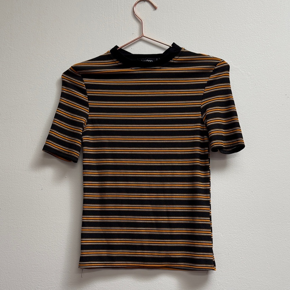 Boohoo Black and Orange Striped Short Sleeve Tee